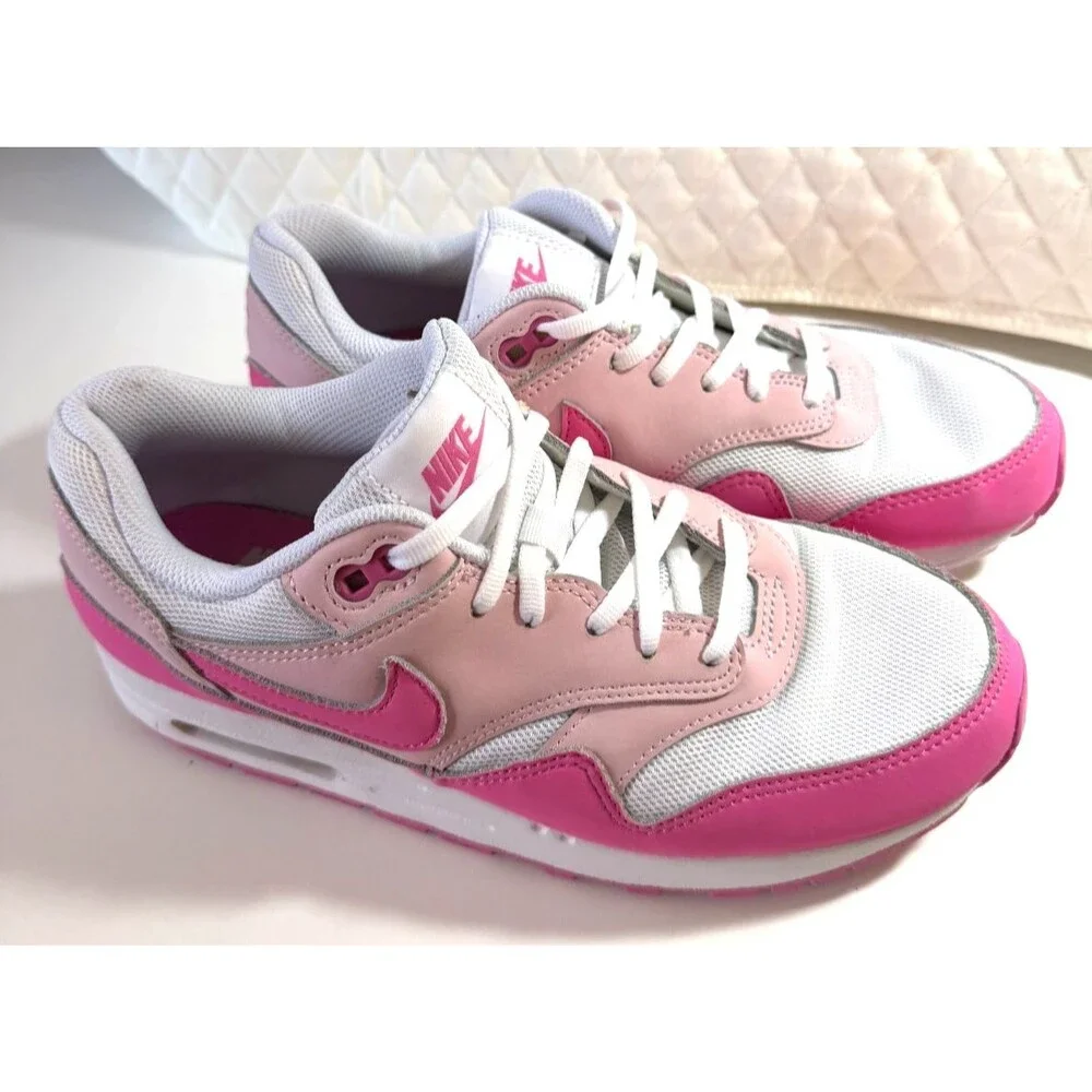 NIKE Kids Air Max 1 Sneaker Shoes White Pink FZ3559-100 Size 6.5Y / Big Kids